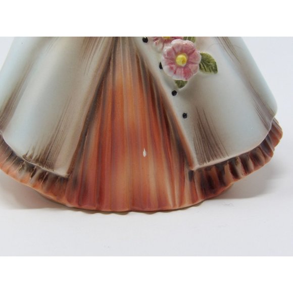 Vintage Kitschy Inarco E-871 Planter Girl in Peach Dress with Pink Flowers 5 1/2 - Picture 9 of 10